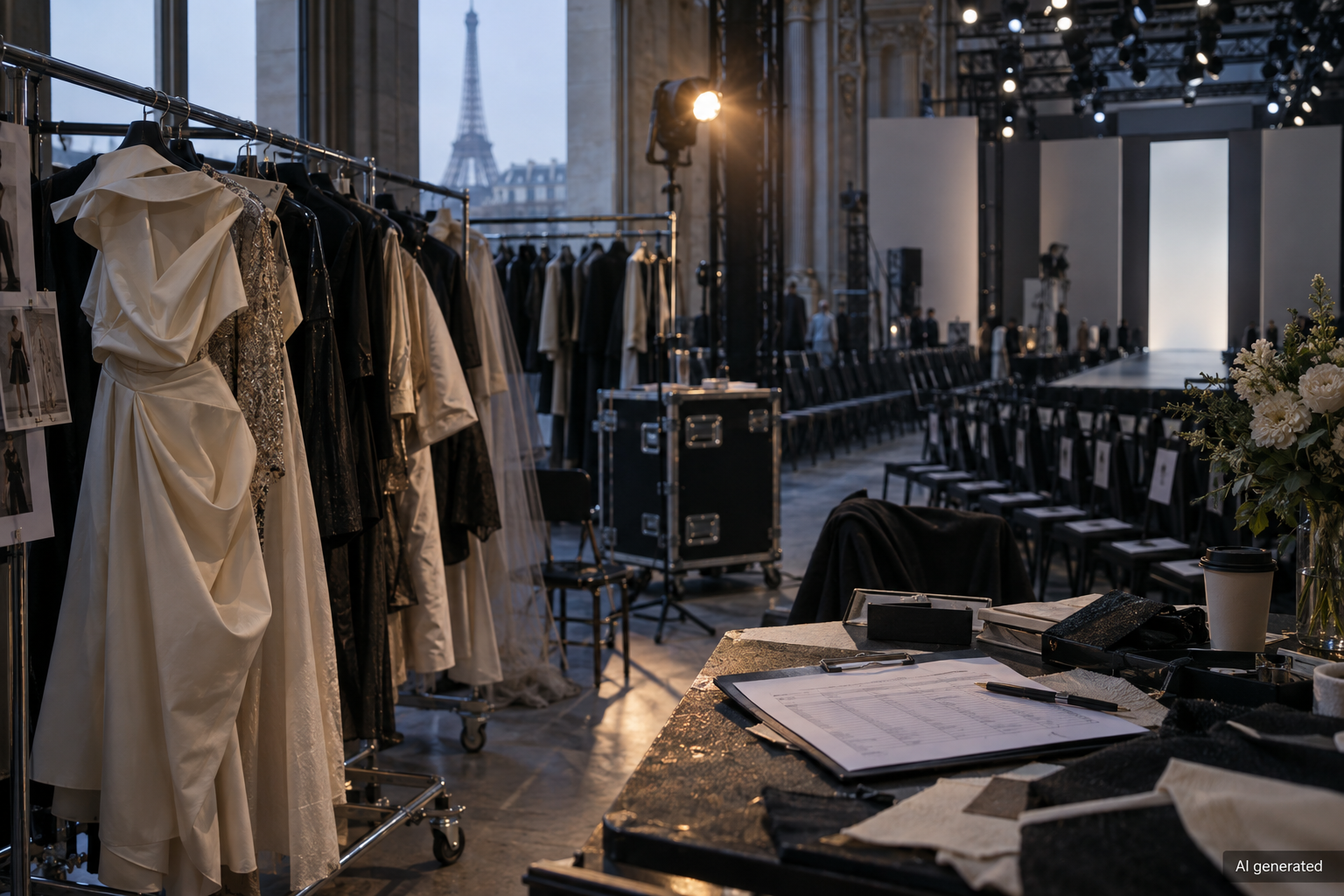 Fictional Paris runway venue being prepared before a fashion show, AI generated