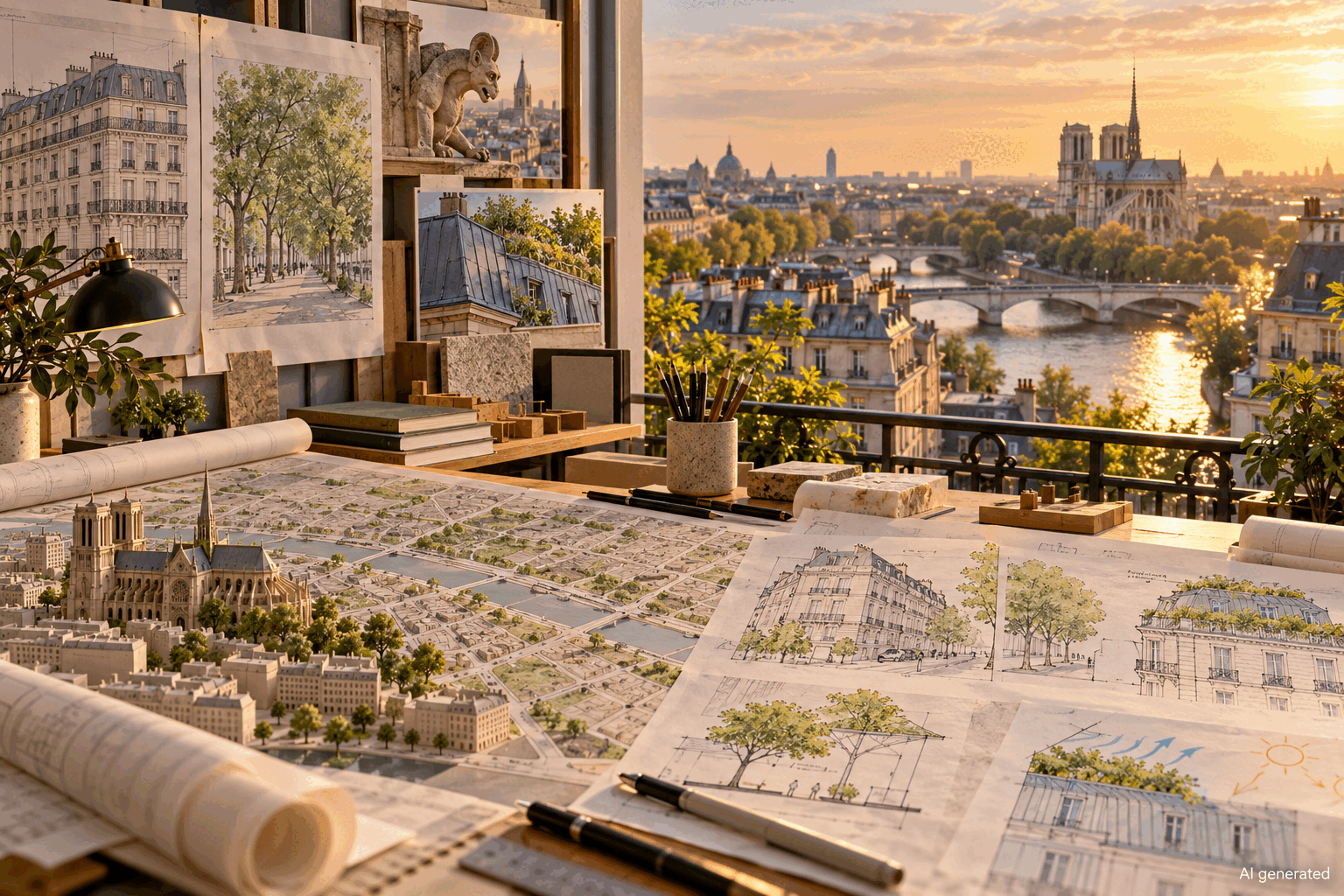 A fictional Paris planning studio overlooking the Seine, AI generated