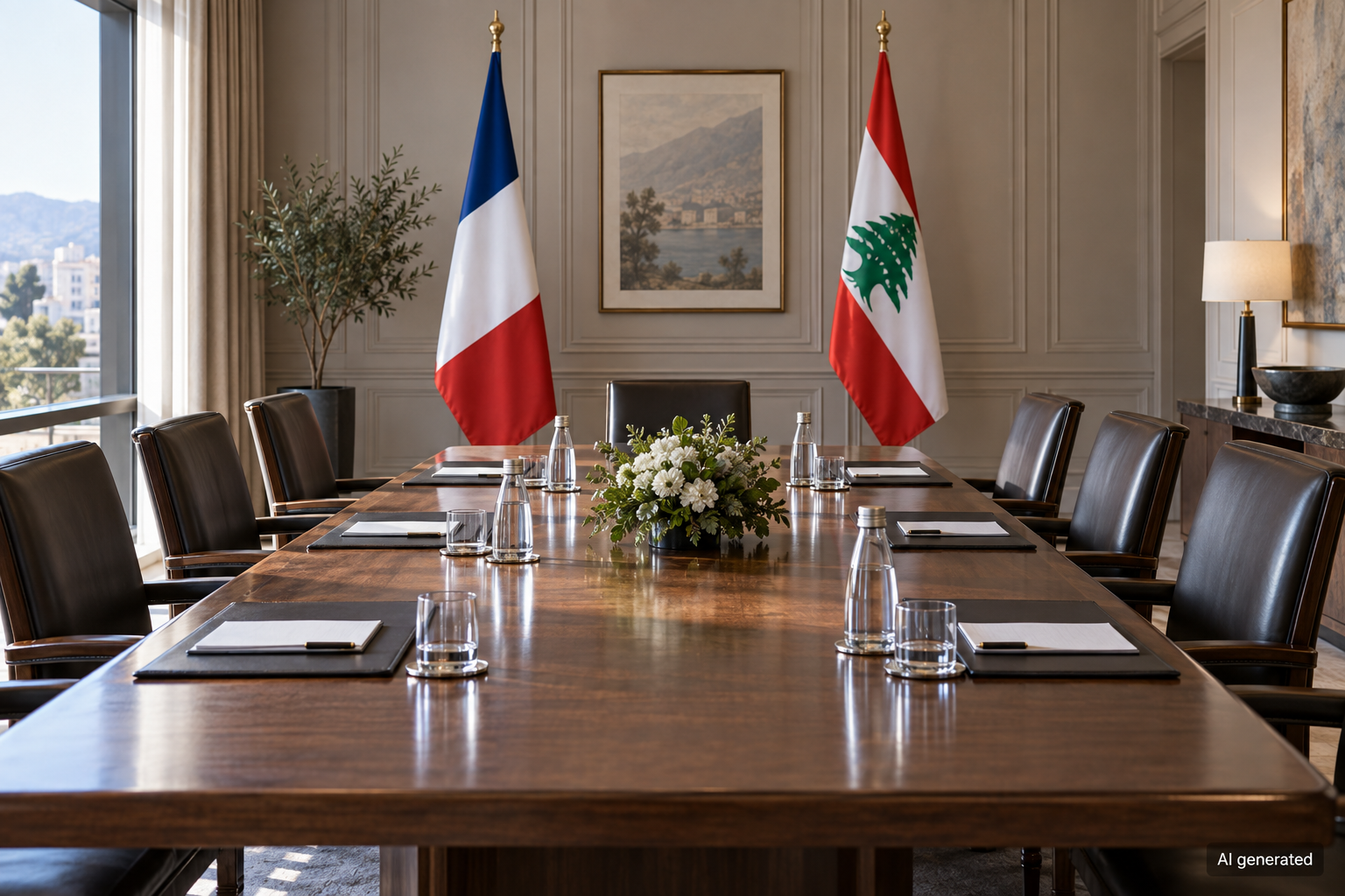 Empty fictional conference room with French and Lebanese flags, AI generated
