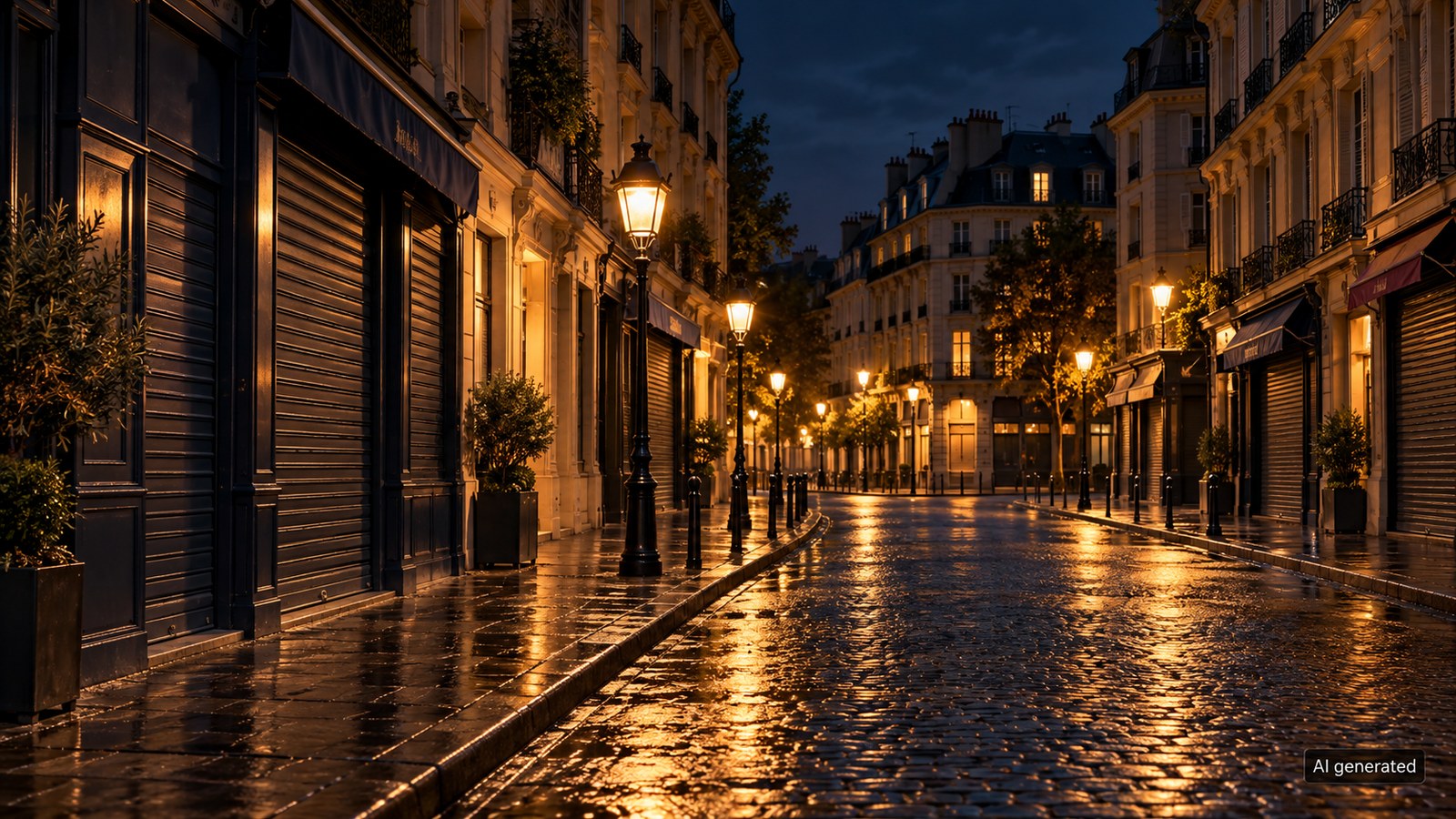 A quiet generic Paris-style street at night, AI generated
