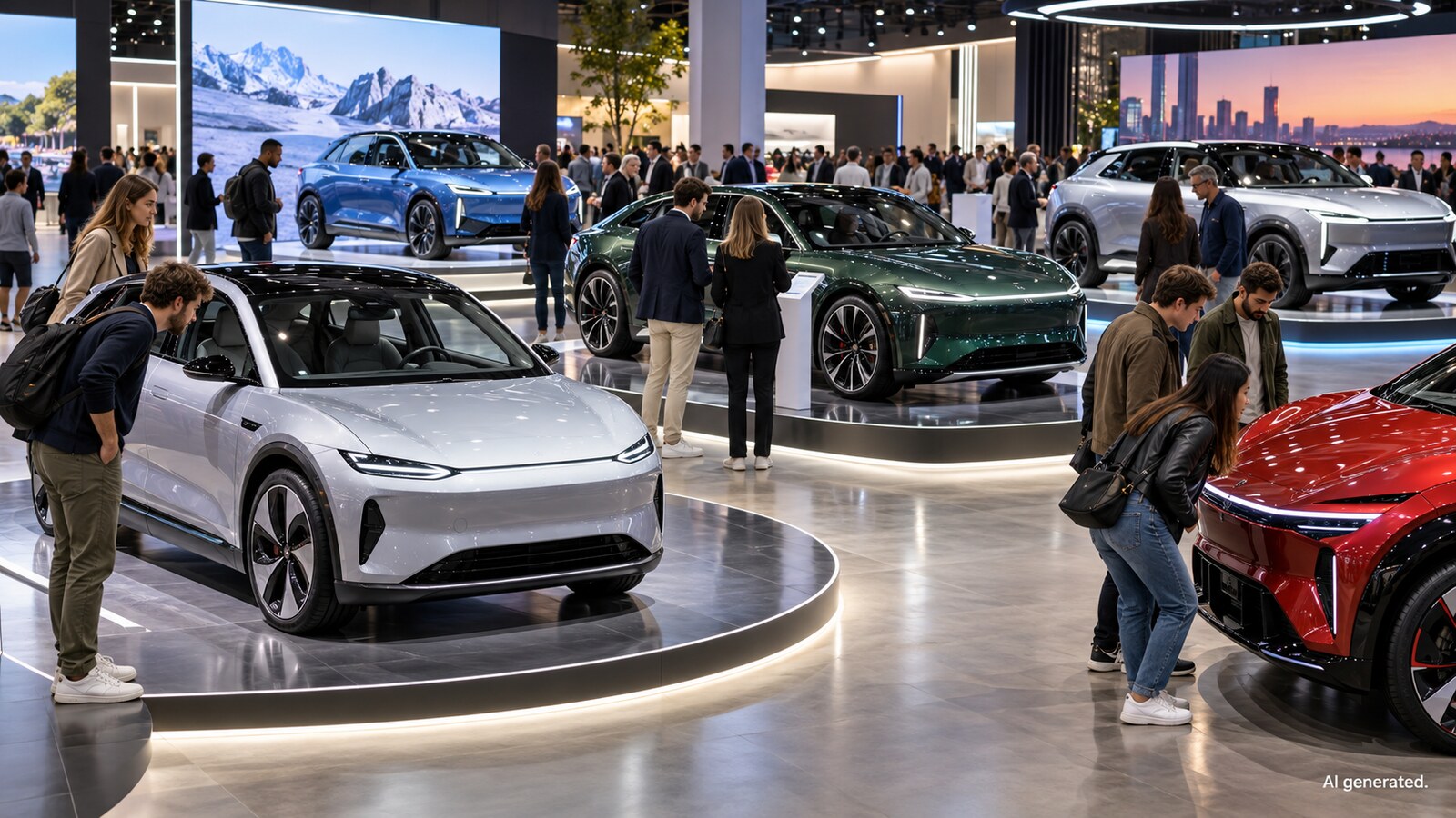 Visitors examine electric cars on a bright indoor exhibition floor, AI generated
