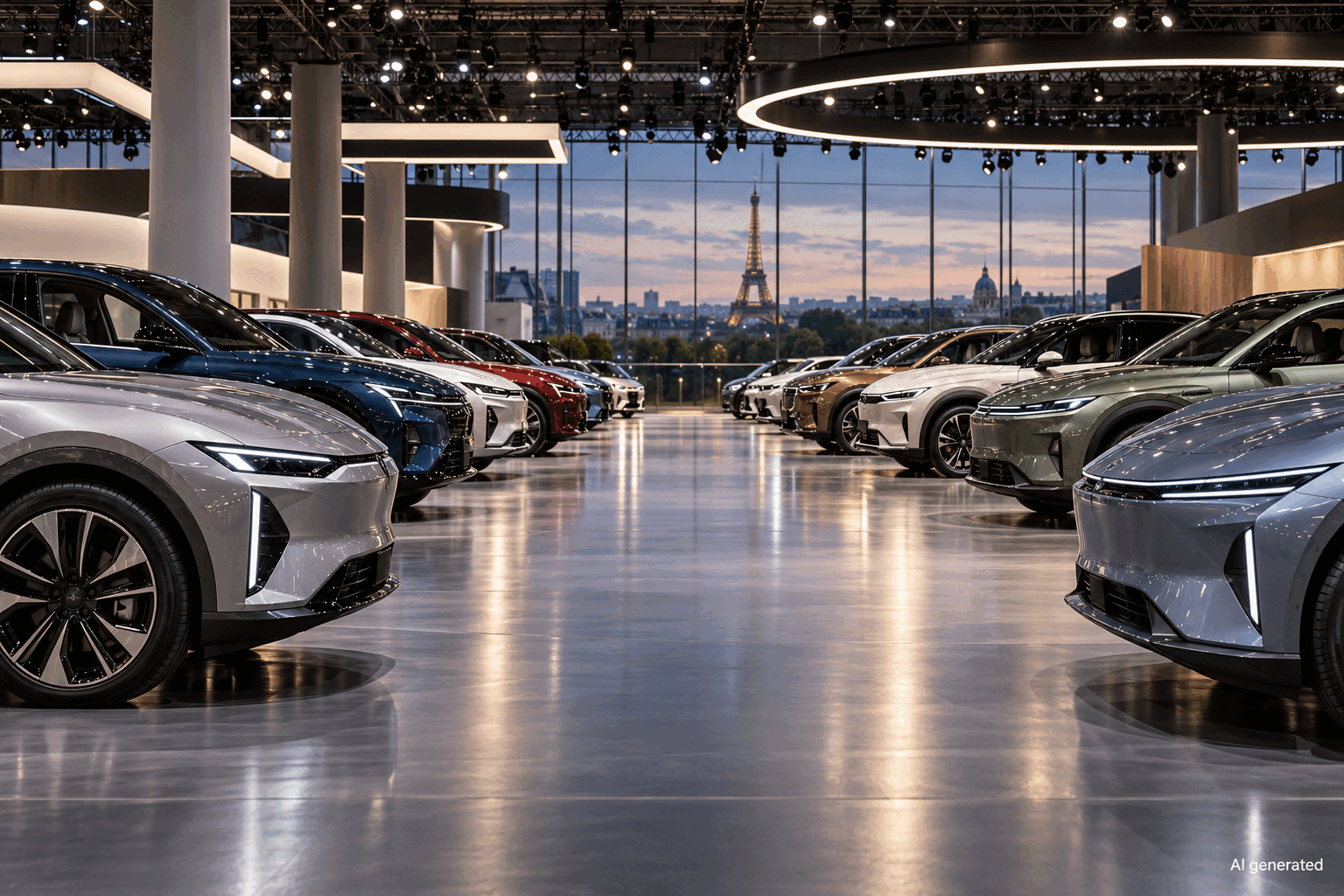 An empty, fictional Paris motor-show hall with unbranded cars, AI generated