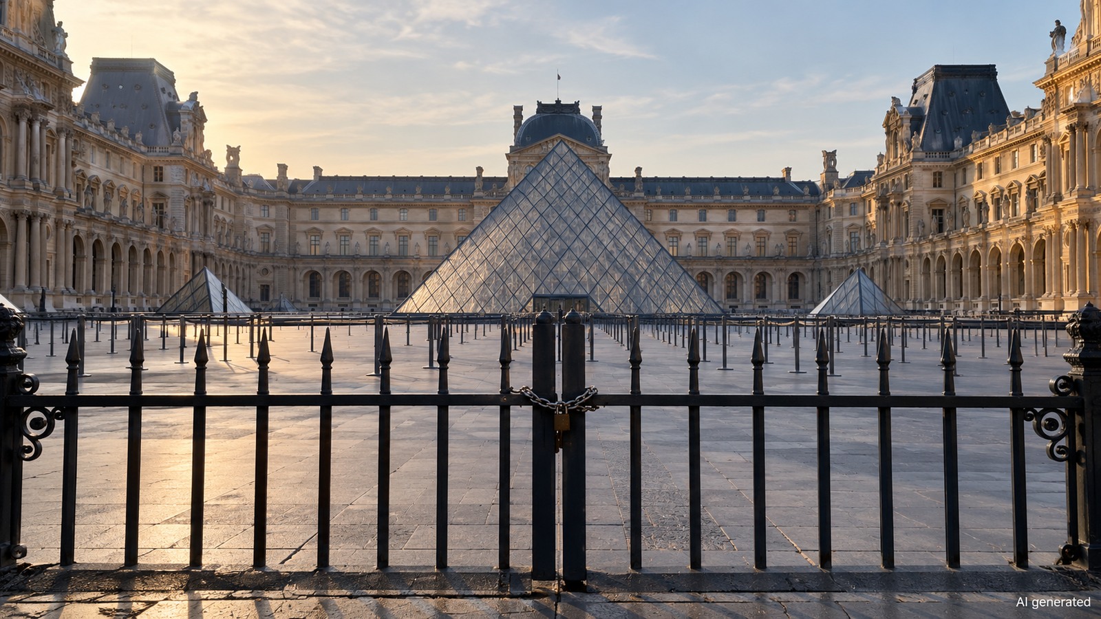 The Louvre courtyard behind a closed gate, AI generated