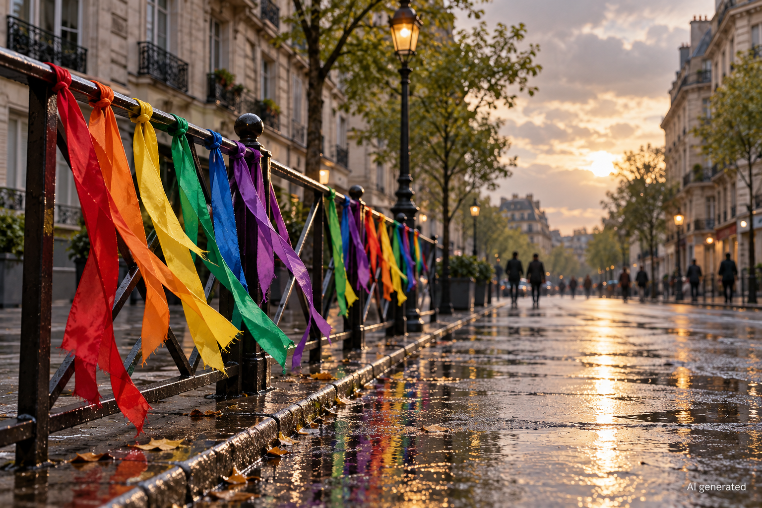 Rainbow-coloured fabric ribbons on railings after a fictional equality gathering, AI generated