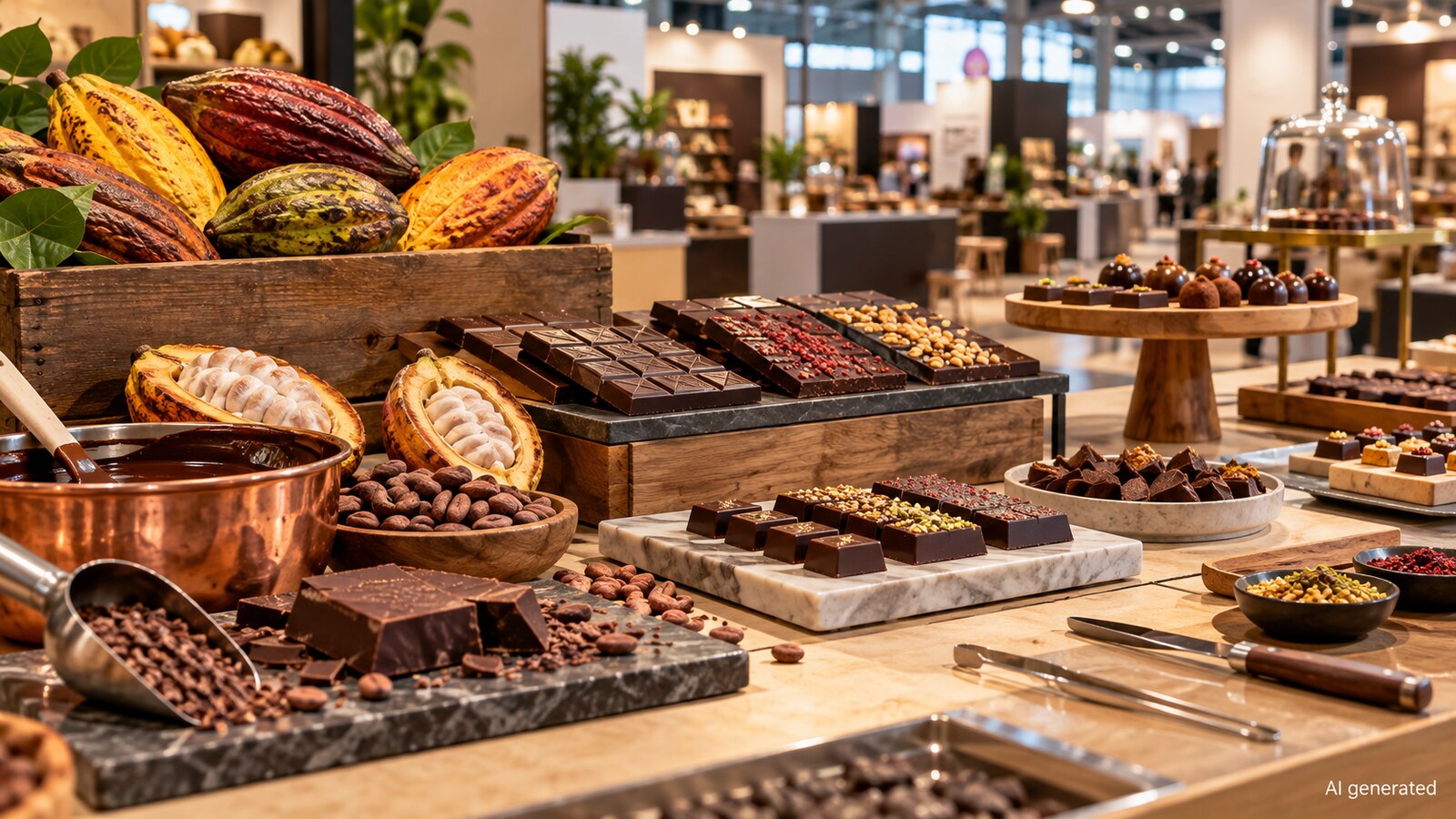 Artisan chocolate and cacao displays in an exhibition hall, AI generated