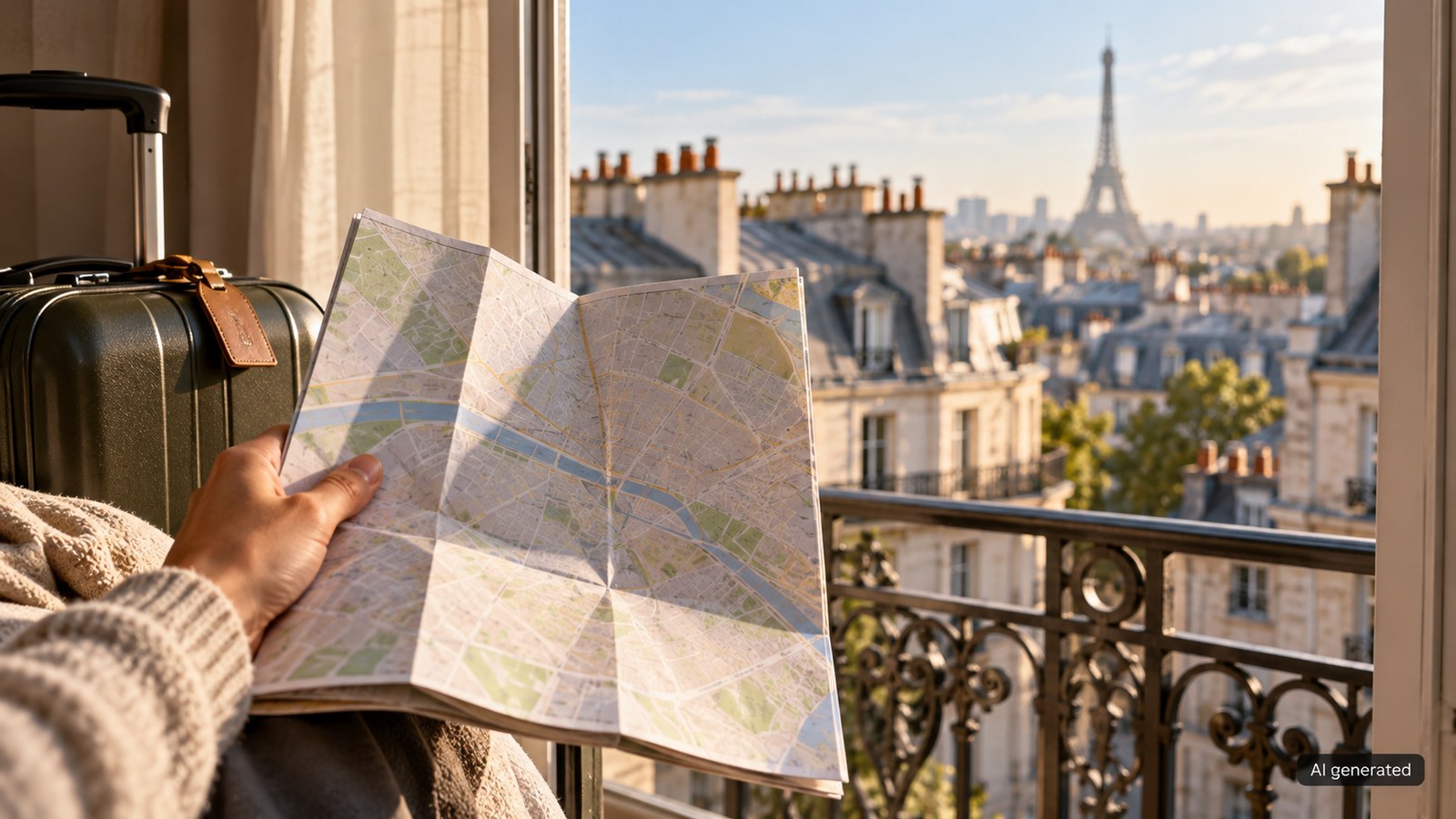 An anonymous traveller holds a map beside a Paris-style hotel window, AI generated