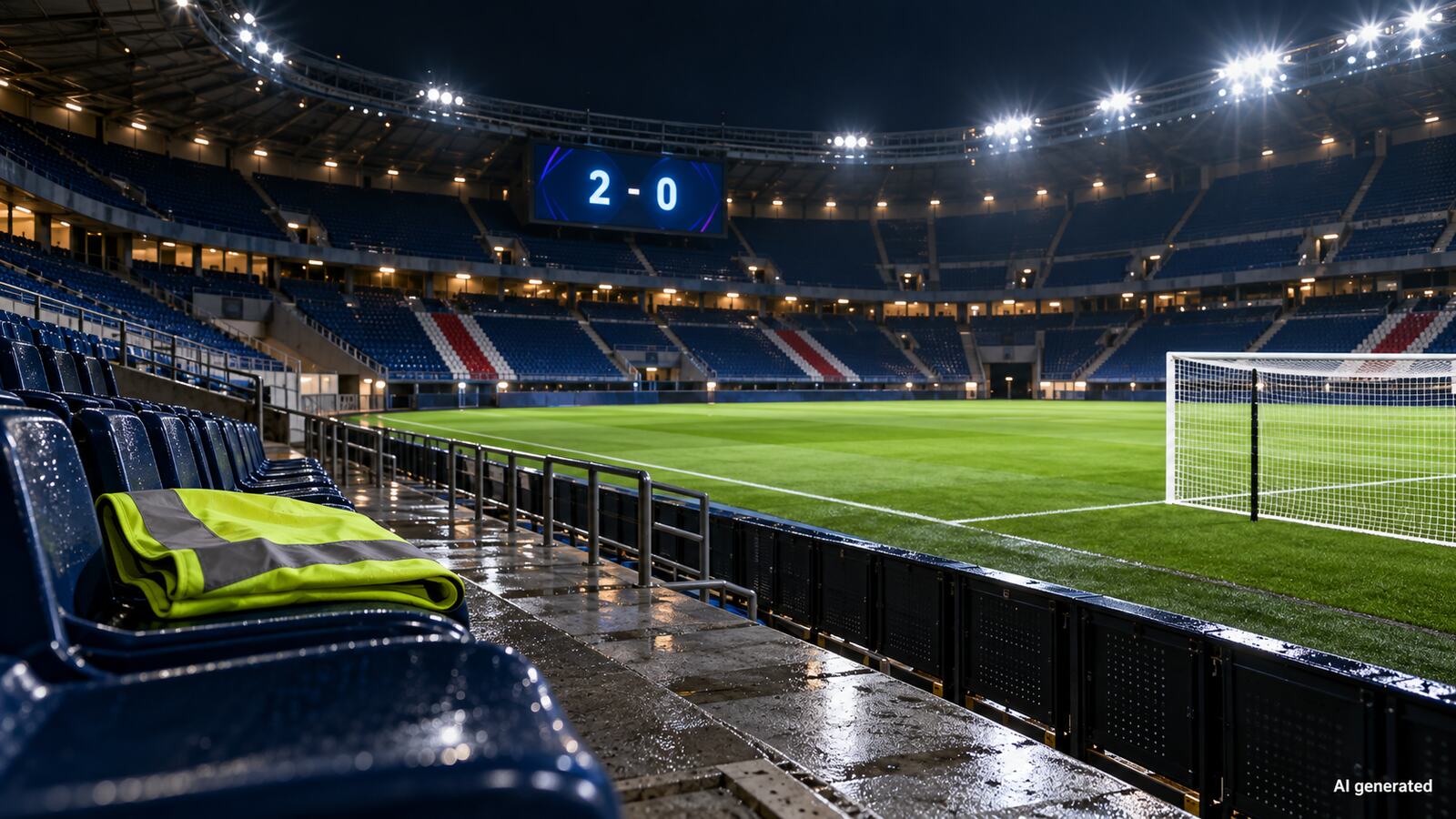 Empty imagined football stadium after a 2-0 match, AI generated