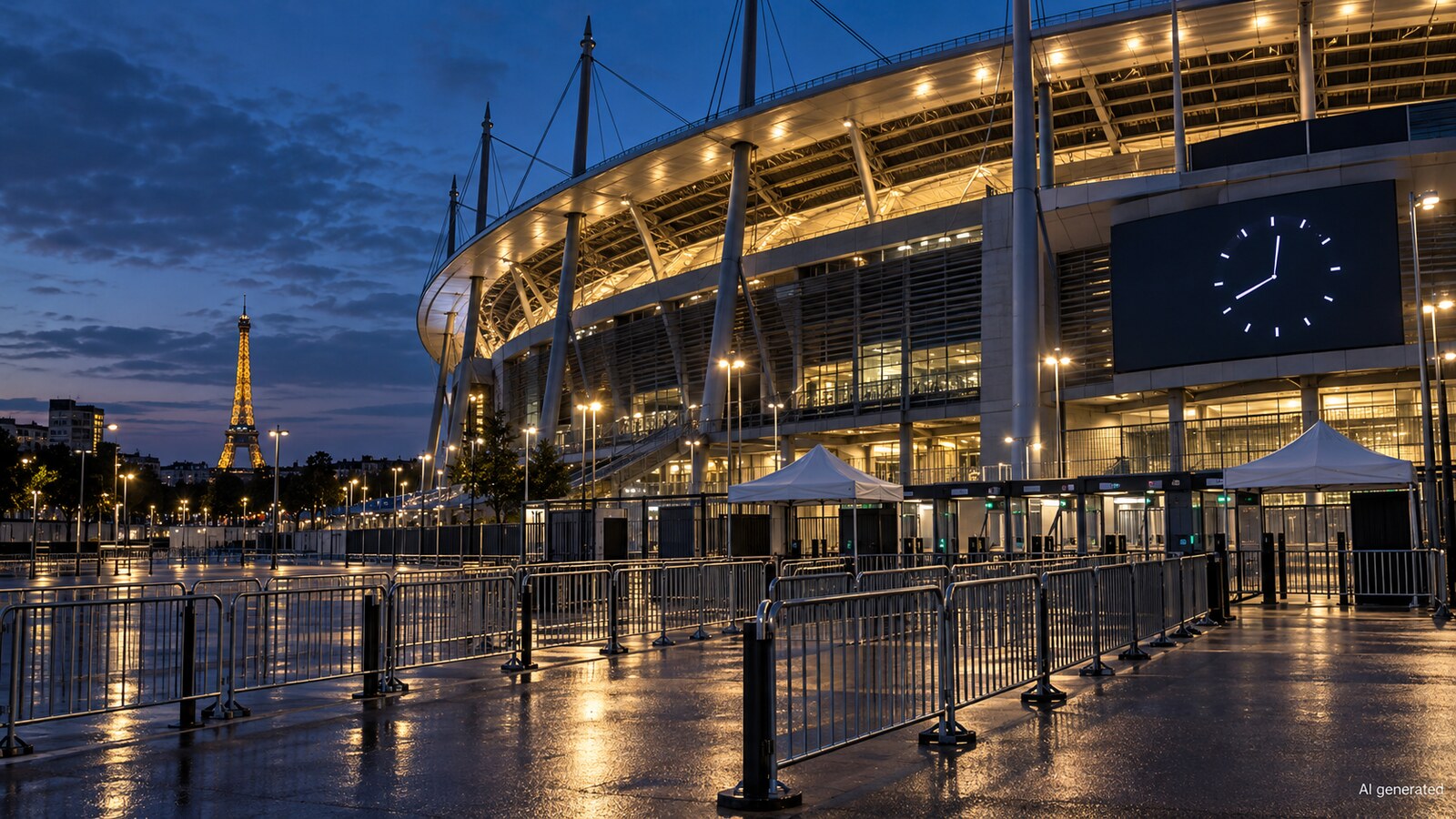An illuminated Paris stadium behind event barriers at dusk, AI generated