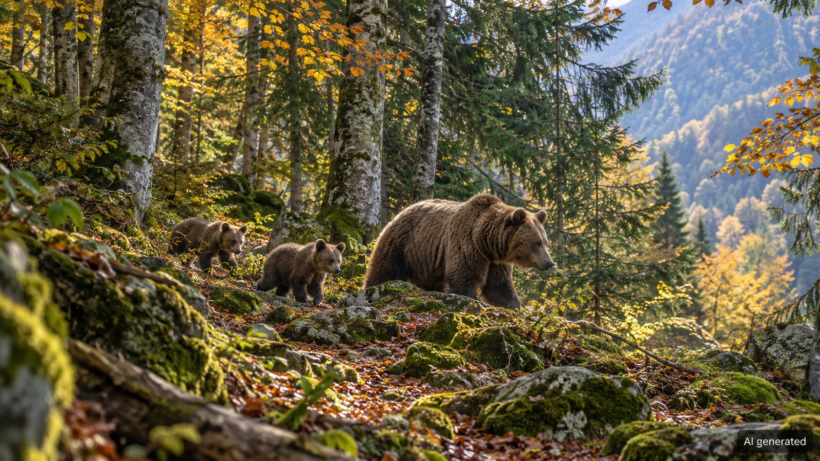 A brown bear and two cubs in a Pyrenean-style forest, AI generated