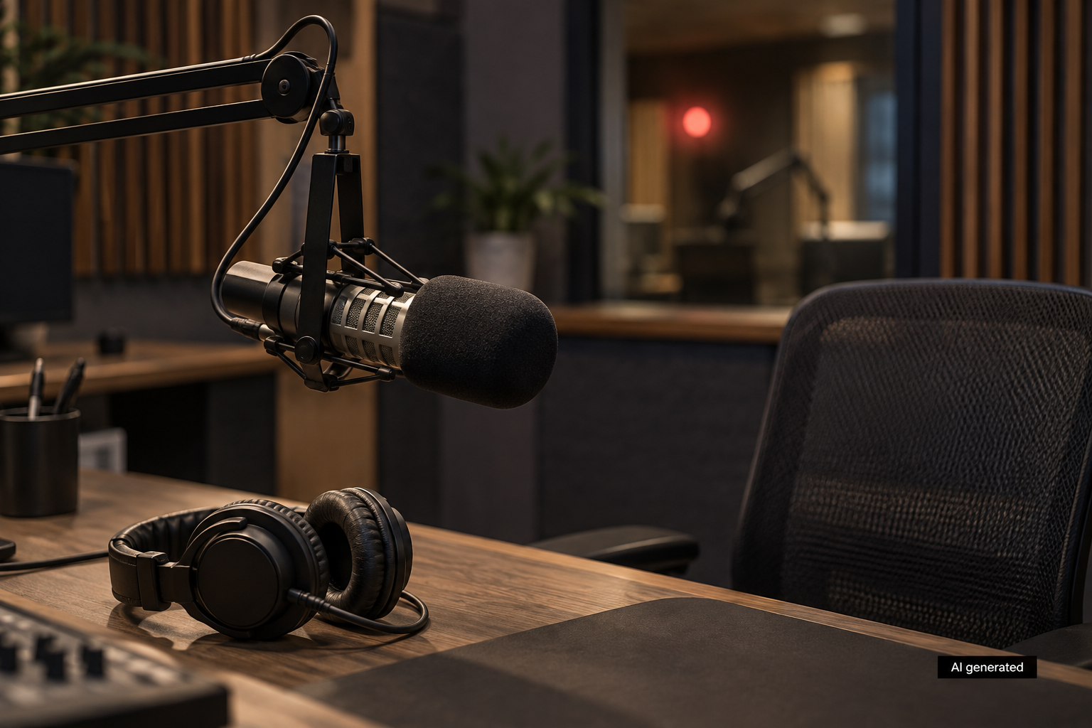 An empty microphone and headphones in a fictional radio studio. AI generated.