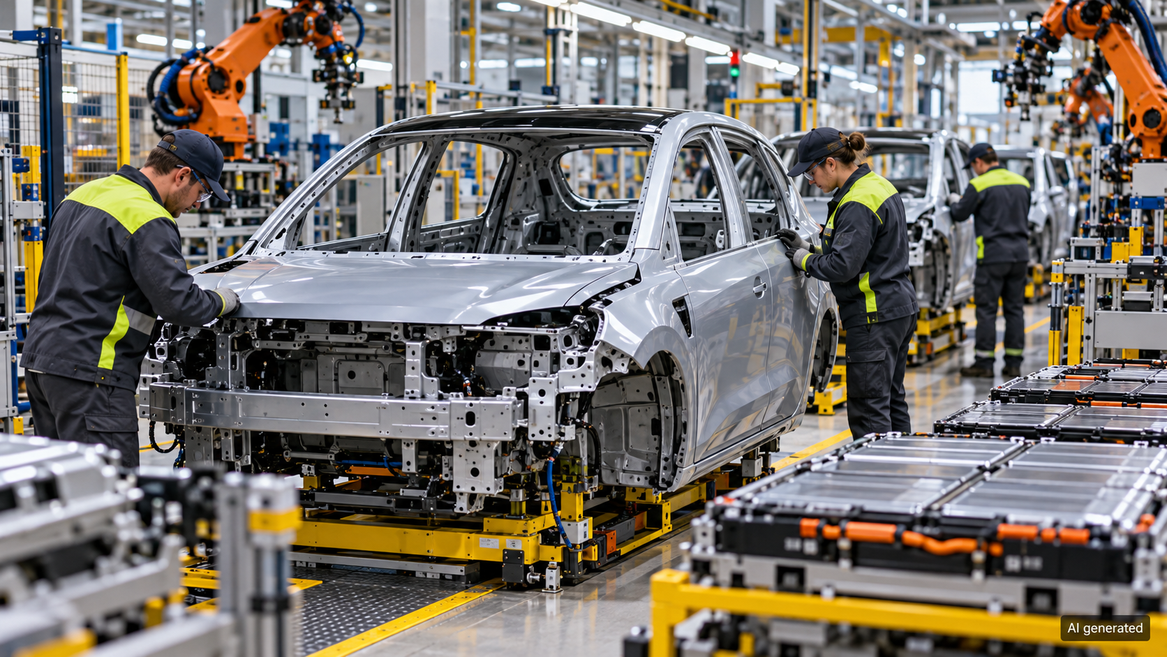 Anonymous workers inspecting a generic electric car assembly line, AI generated