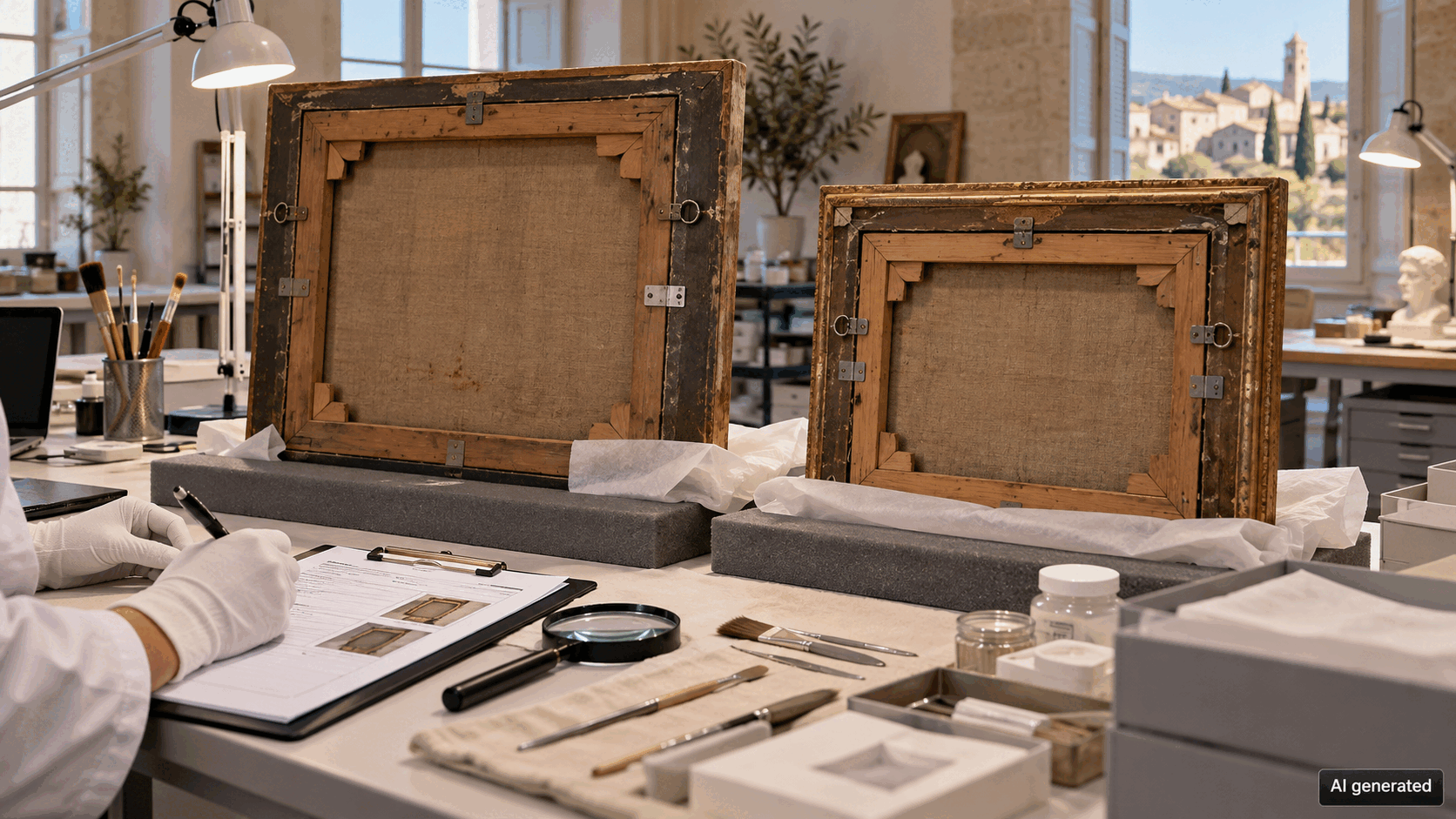 Two framed paintings viewed from behind in a conservation studio, AI generated