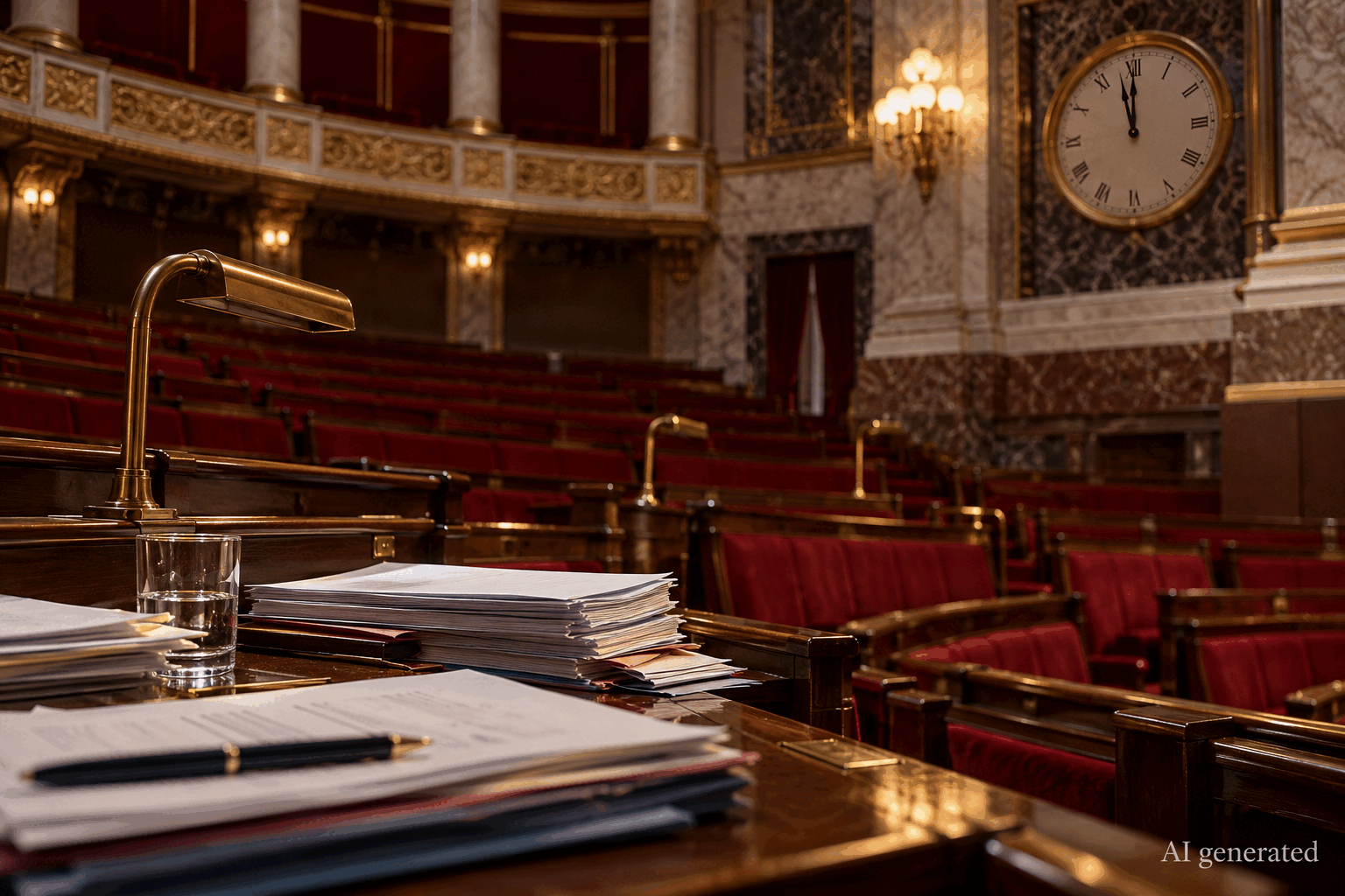 Empty parliamentary benches, legislative papers and a clock near midnight, AI generated