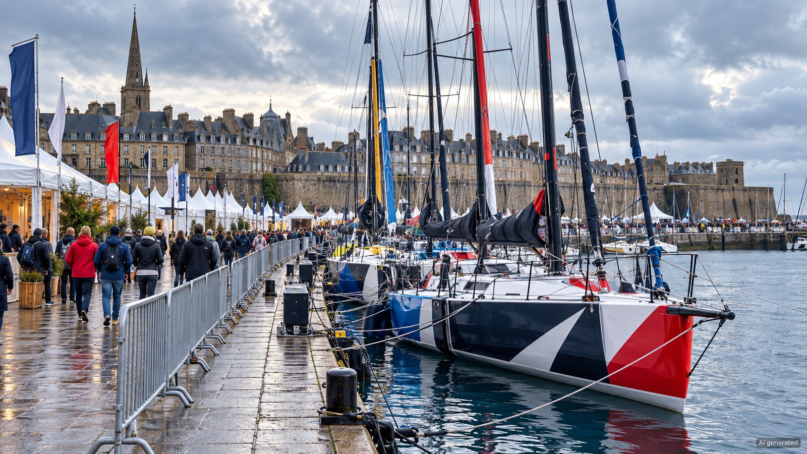 Generic offshore racing yachts moored beside a harbour event village, AI generated