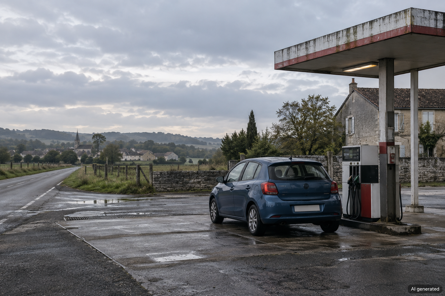 A compact car beside a rural petrol station in a fictional French village — AI generated illustration.