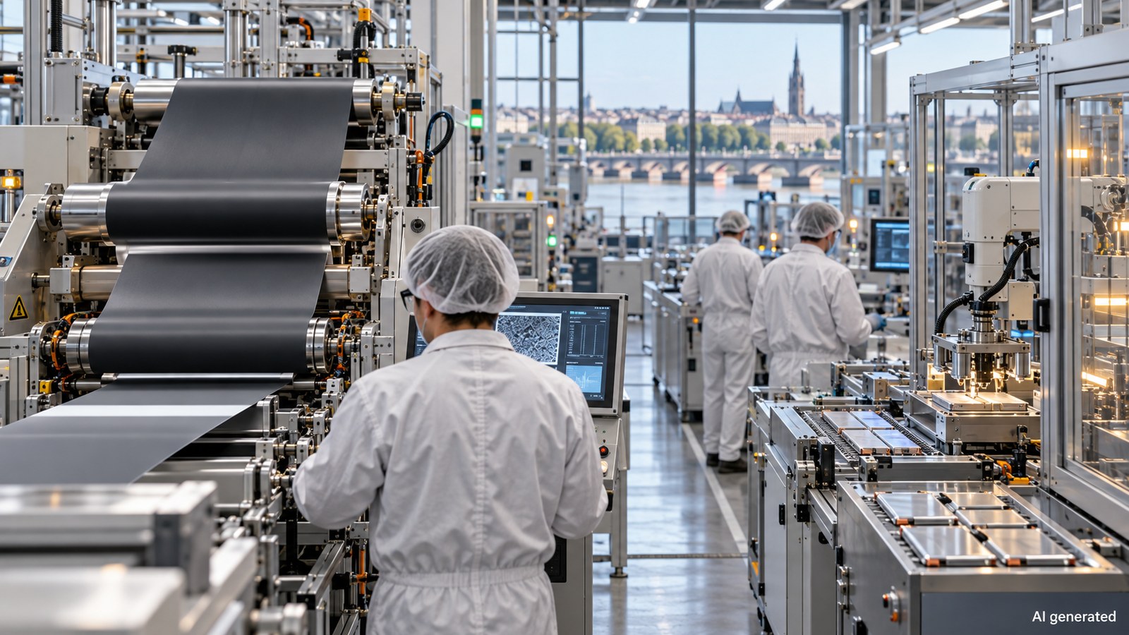 A generic advanced battery pilot line with anonymous engineers, AI generated