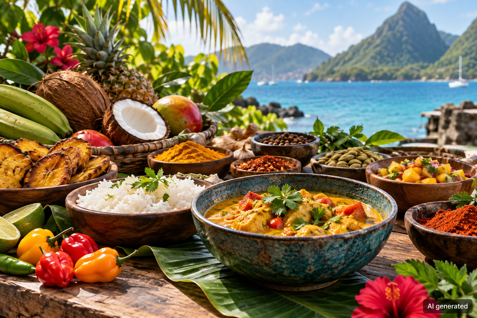 Colourful Caribbean and Indian Ocean inspired food-market still life, AI generated