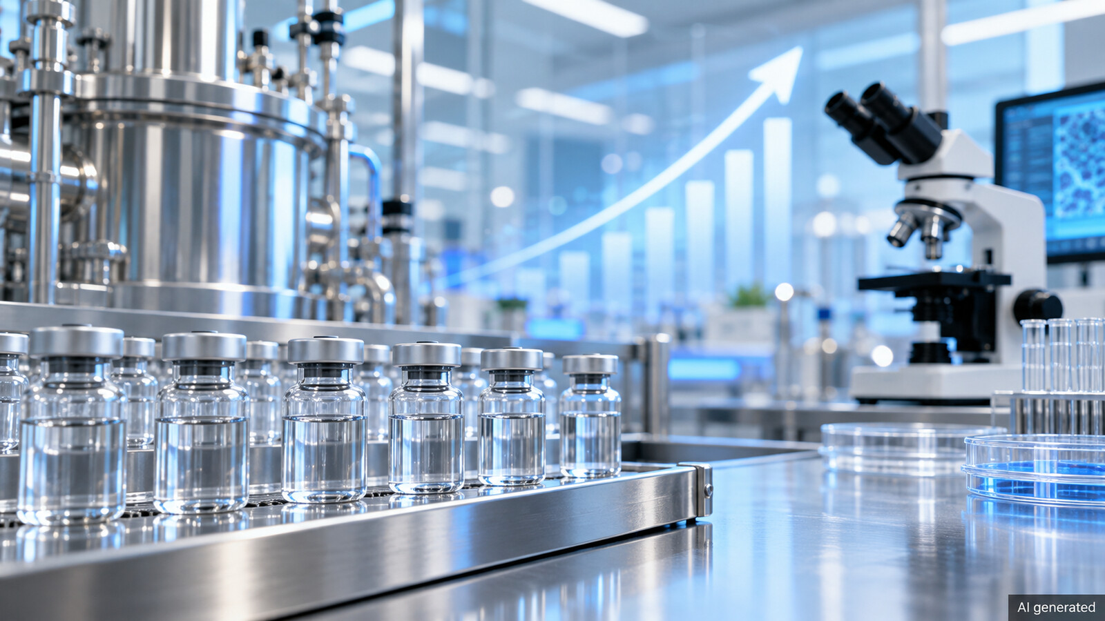 Unbranded medicine vials in an imagined biotechnology laboratory, AI generated