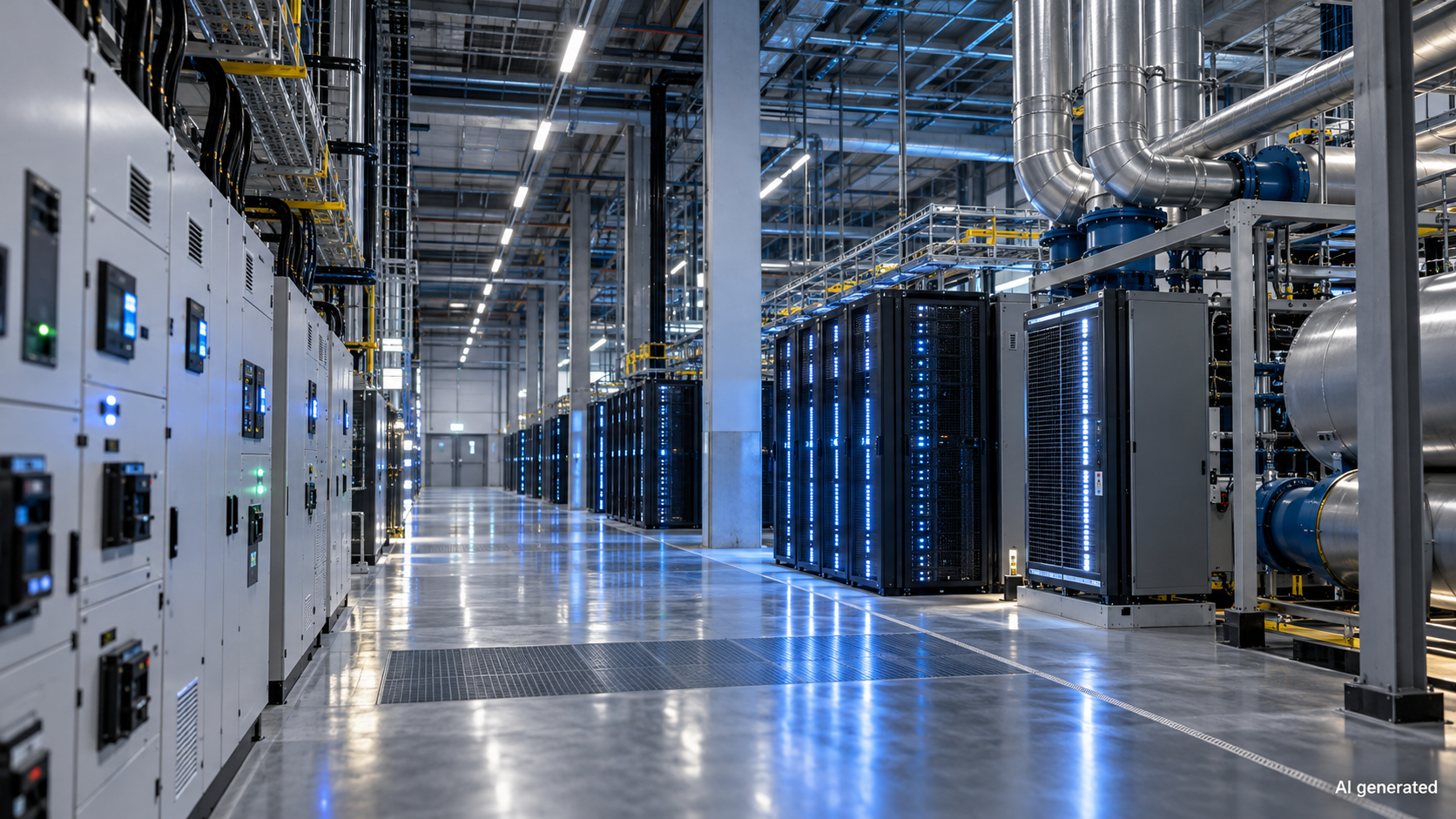 Anonymous data centre power and cooling infrastructure, AI generated