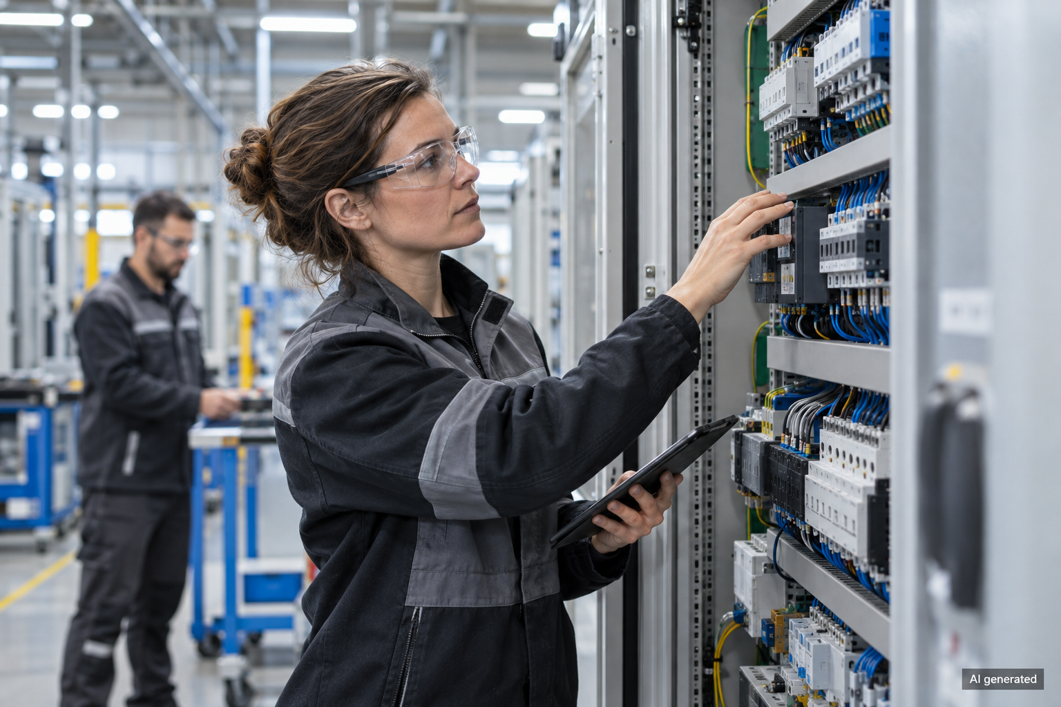 Engineers inspecting electrical equipment in a fictional factory — AI generated