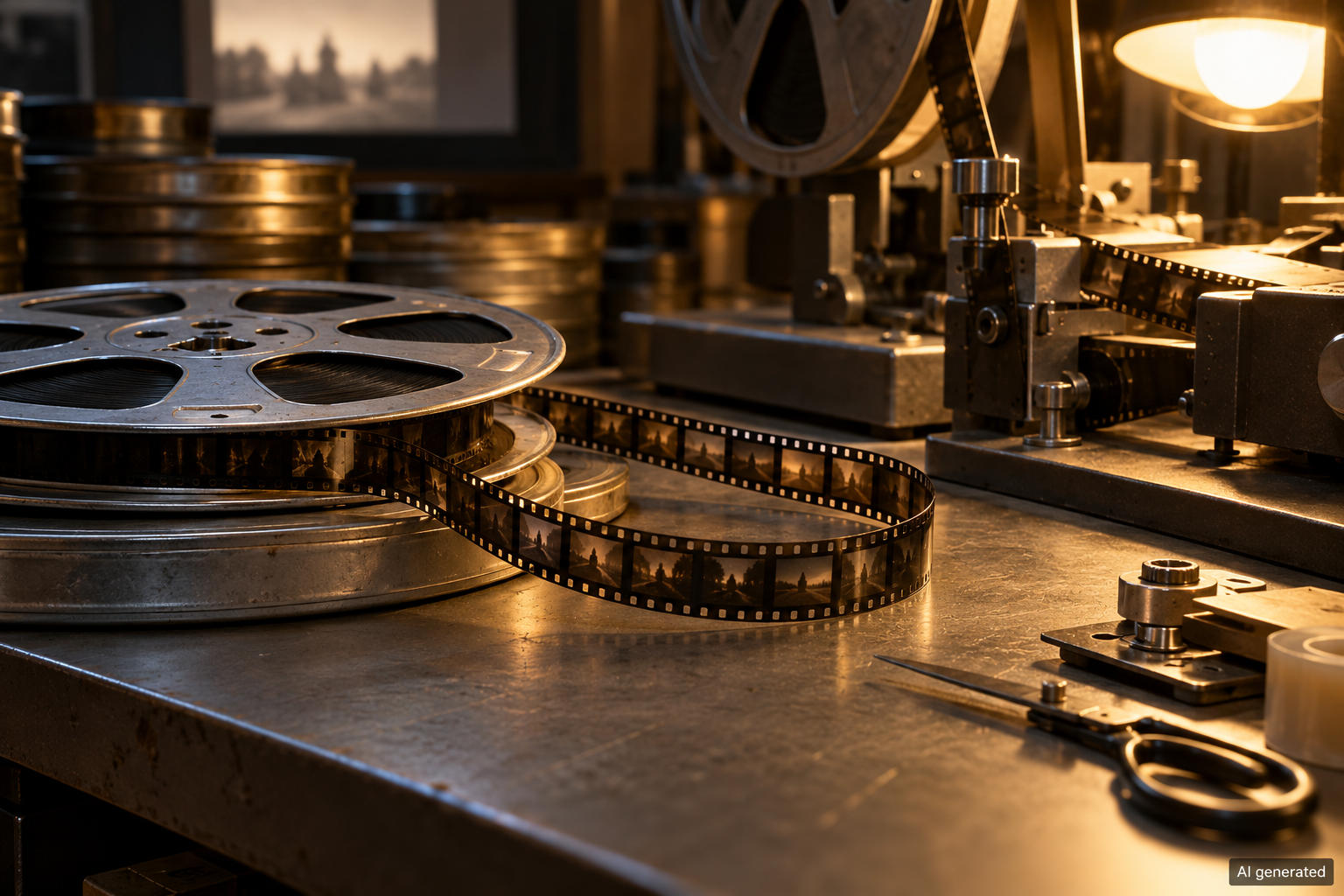 Film reels and an editing bench in warm light, AI generated