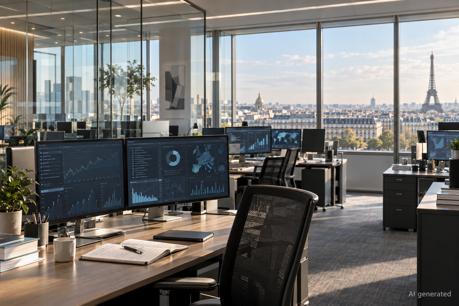 A fictional modern banking operations floor in Paris with unbranded data screens. AI generated.