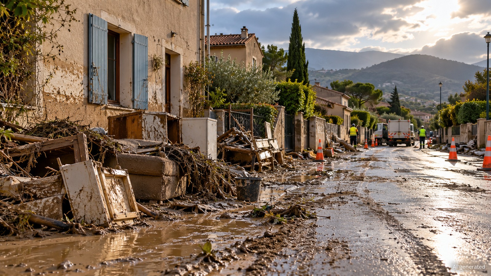 A generic southern French street during cleanup after flash flooding, AI generated