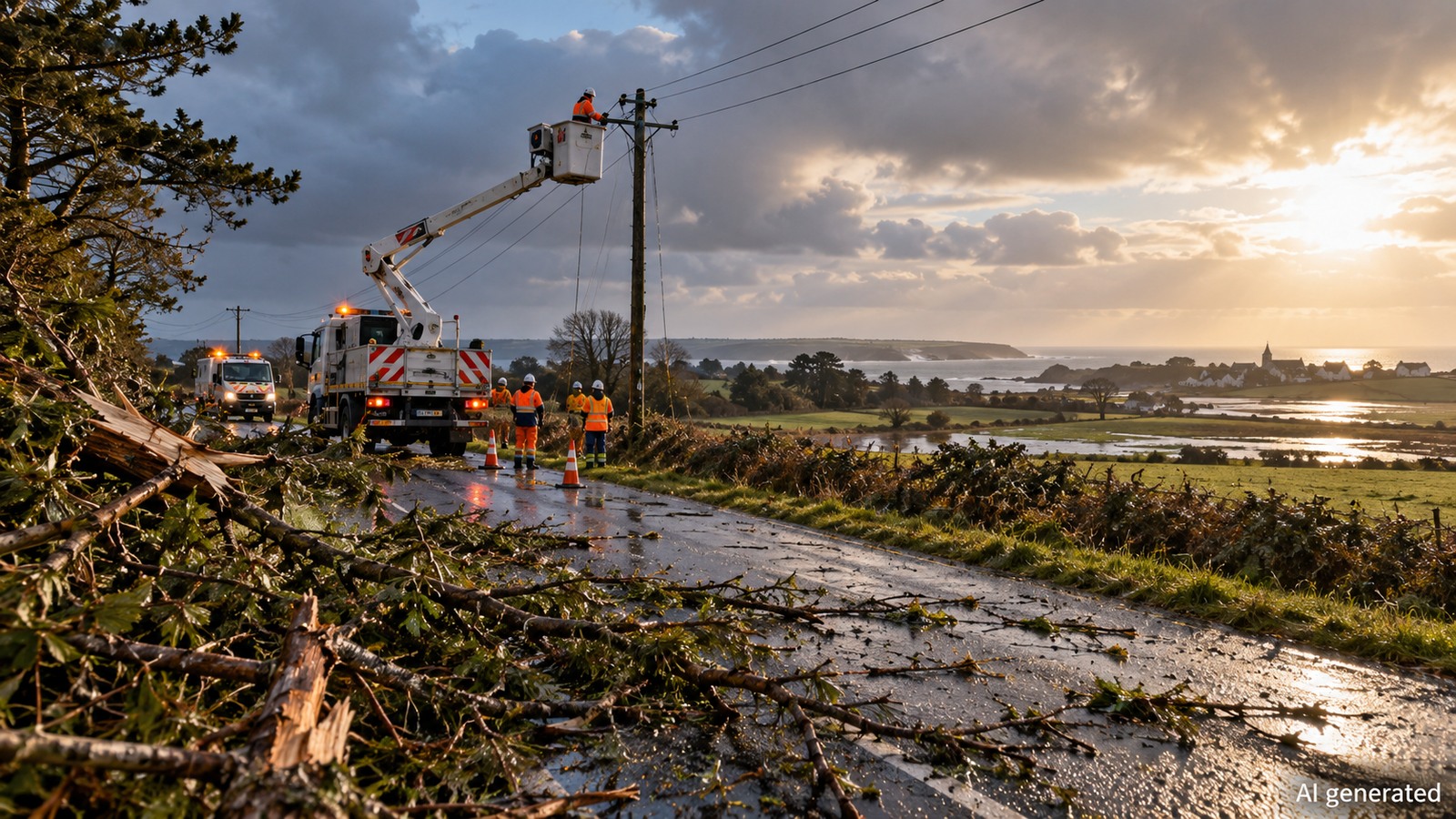 Power crews repair storm damage on a Breton coastal road, AI generated