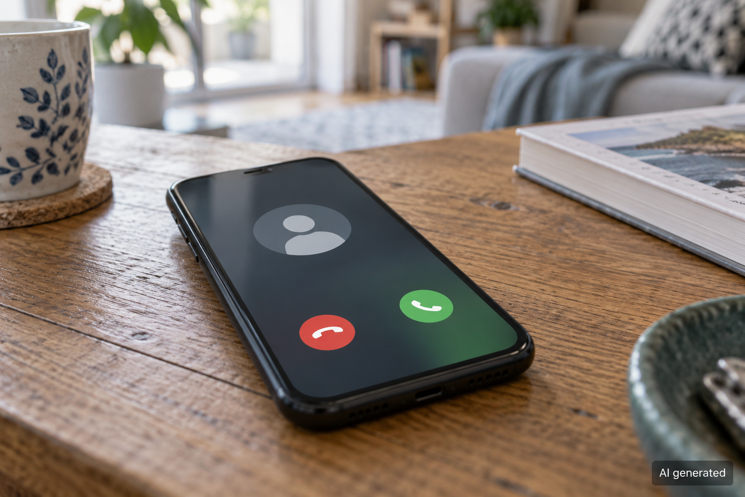 Unbranded smartphone displaying a generic incoming call on a table, AI generated