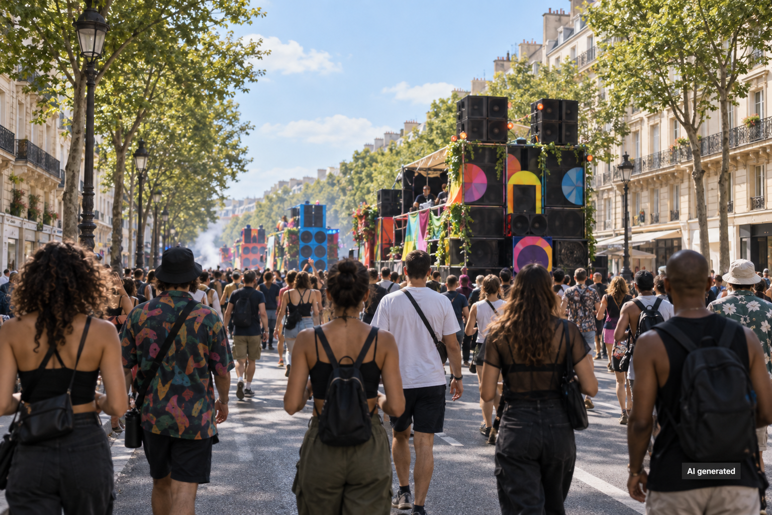 A fictional Paris-inspired boulevard prepared for an electronic music parade. AI generated.