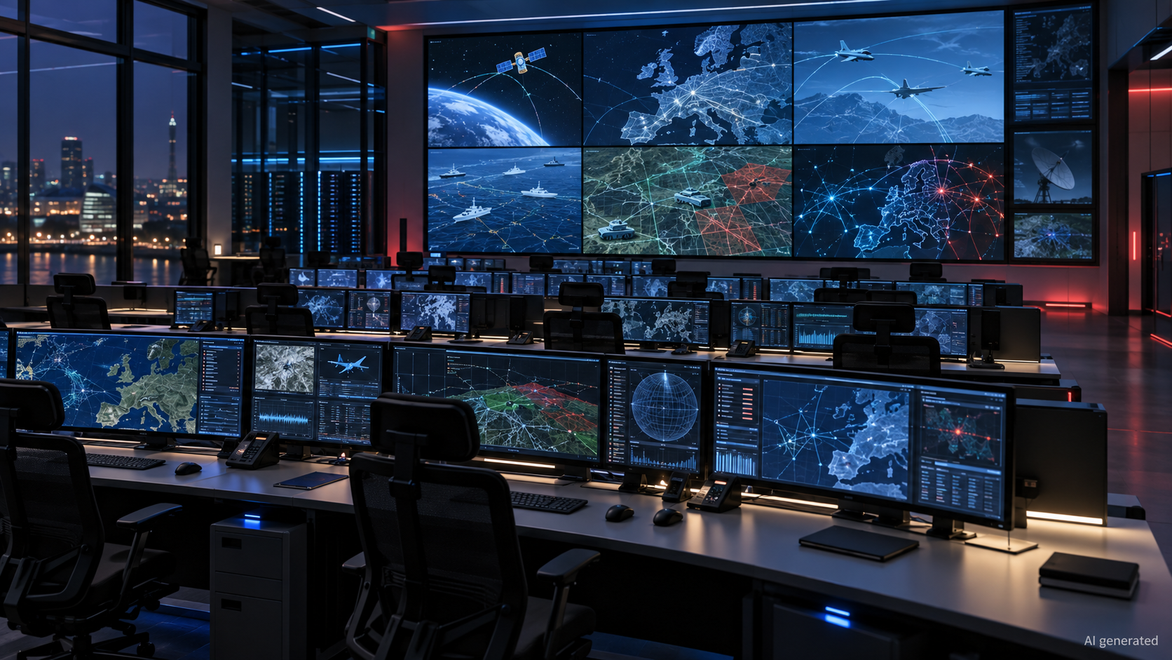 An empty fictional multi-domain command centre with abstract operational displays. AI generated.