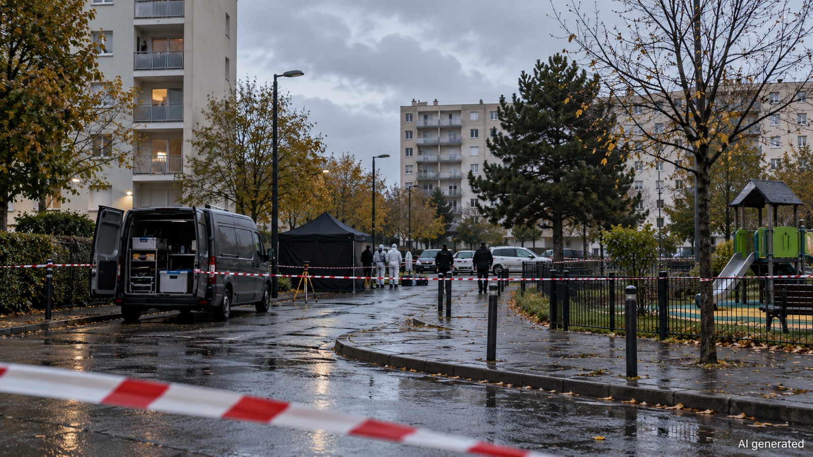 A cordoned suburban street with distant forensic investigators, AI generated