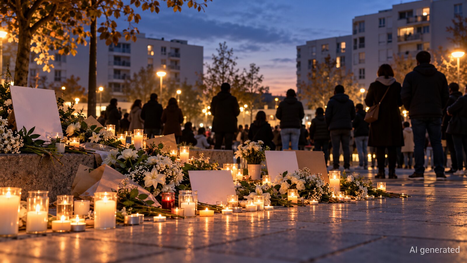 Candles and flowers at an imagined suburban French vigil, AI generated