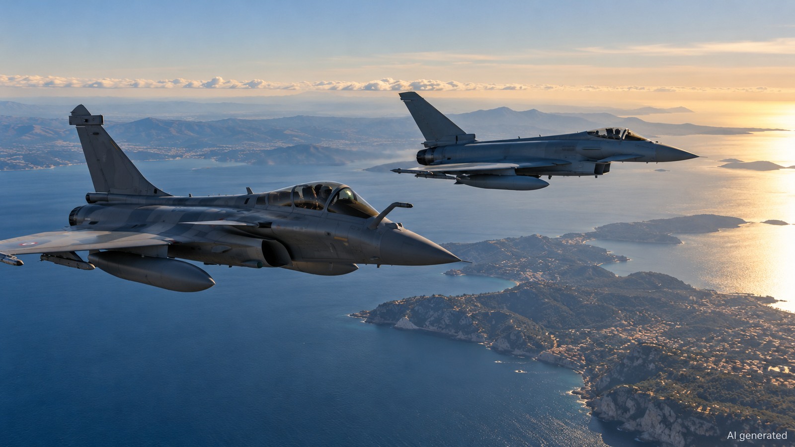 Two modern European fighter aircraft over the Mediterranean, AI generated