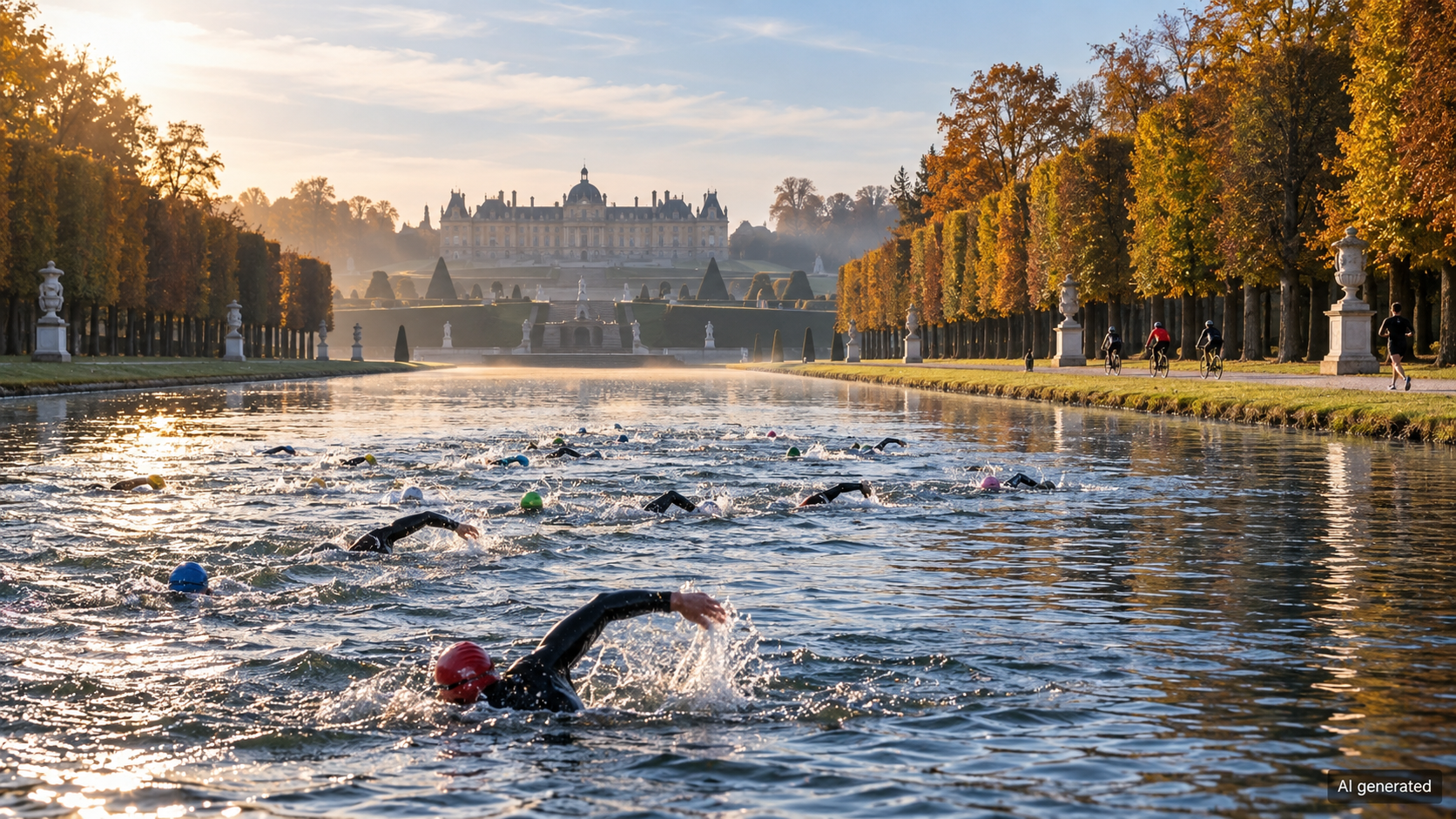 Anonymous triathletes swimming in a formal canal before a distant palace, AI generated
