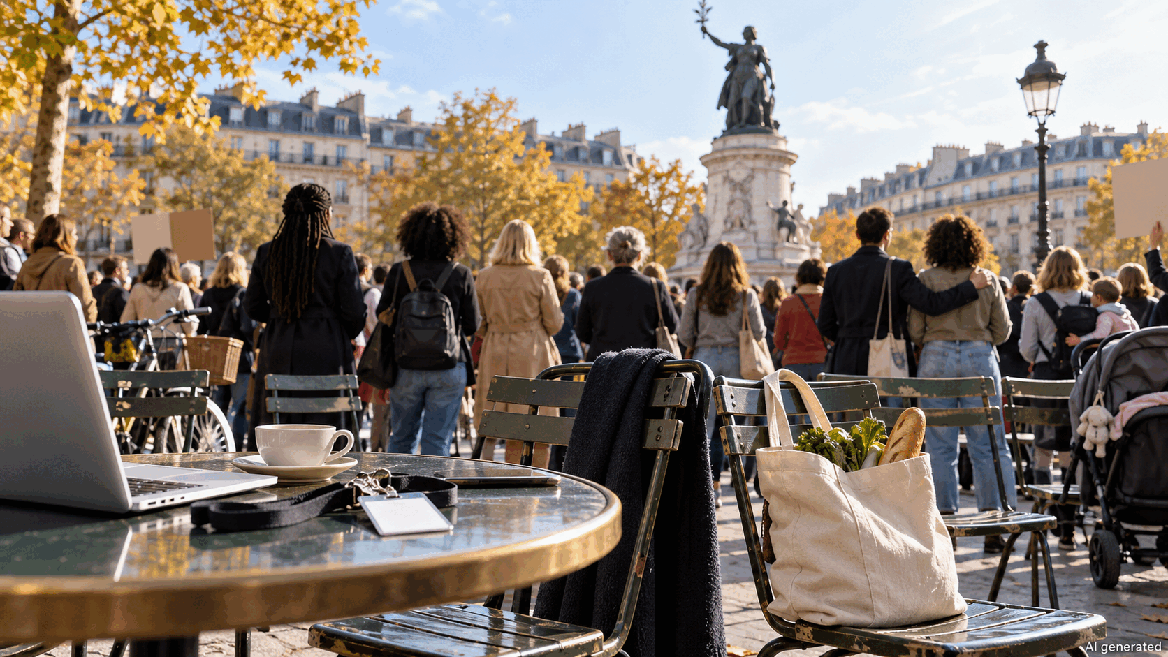 A peaceful equality gathering in an anonymous Paris square, AI generated
